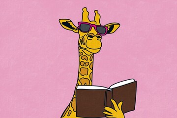 Giraffe reading book cartoon with sunglasses on pink background