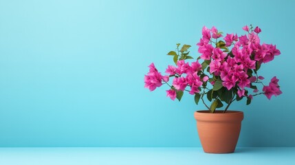 Naklejka premium Pink bougainvillea plant in terracotta pot against blue background