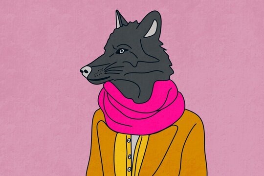Stylish anthropomorphic wolf in scarf and jacket illustration