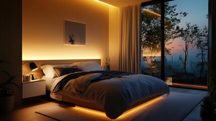 A contemporary bedroom featuring ambient lighting and a stunning city view at sunset, creating a chic and inviting atmosphere for relaxation and rejuvenation.
