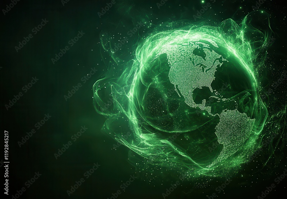 Poster abstract green world map with sparkling elements and light trails representing global connectivity a