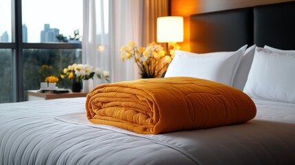 An inviting yellow blanket neatly folded on a neatly made bed, set against a backdrop of a modern stylish bedroom with soft lighting and city views.