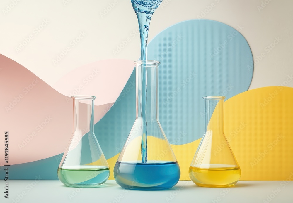 Poster abstract laboratory scene featuring colorful beakers and flasks filled with vibrant liquids against 
