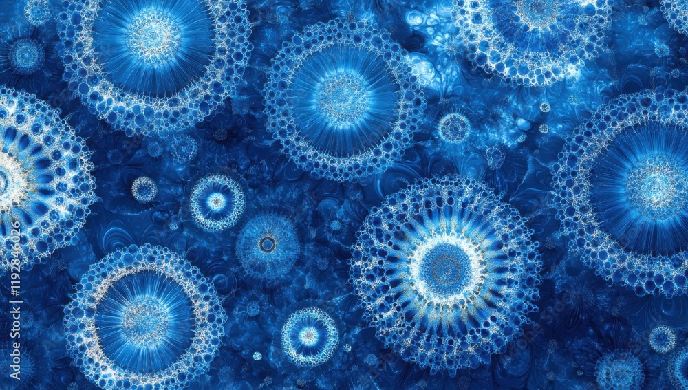 Poster abstract marine background with circular patterns and textures in shades of blue, representing ocean