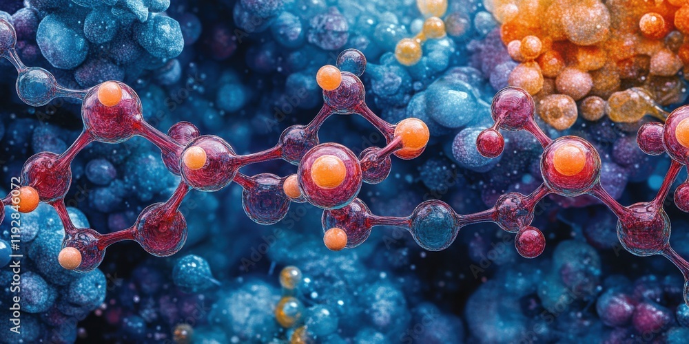 Poster abstract molecular structure with colorful particles illustrating chemical interaction and scientifi
