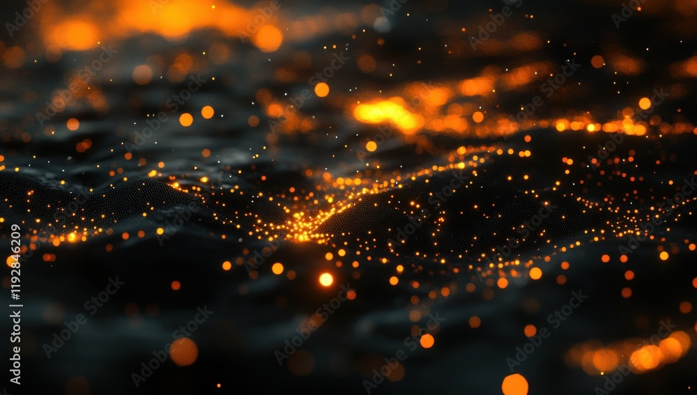 Poster abstract orange light particles floating over a dark textured surface, creating a mesmerizing visual