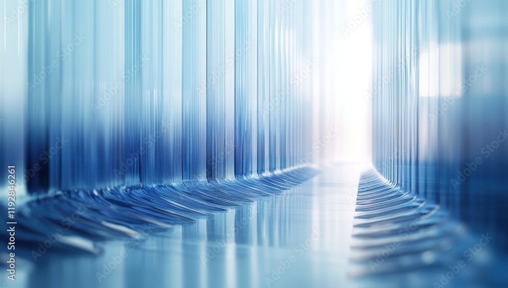 Poster abstract perspective of tall blue glass panels creating a dreamlike corridor with soft light and smo