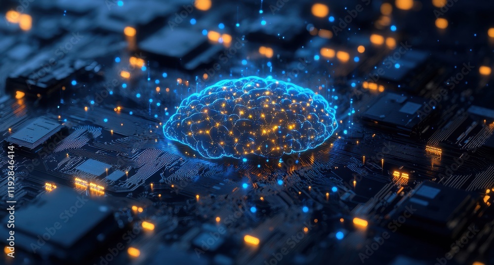 Poster Abstract representation of a digital brain with glowing neural connections over a microchip background, symbolizing artificial intelligence and advanced technology integration.