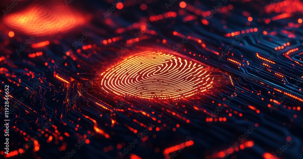 Poster abstract representation of a glowing fingerprint on a digital circuit pattern, showcasing technology