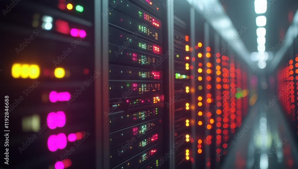 Poster abstract representation of a modern data center with illuminated server lights in a high-tech enviro