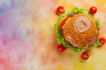 Juicy Burger Top View on Vibrant Gradient Background