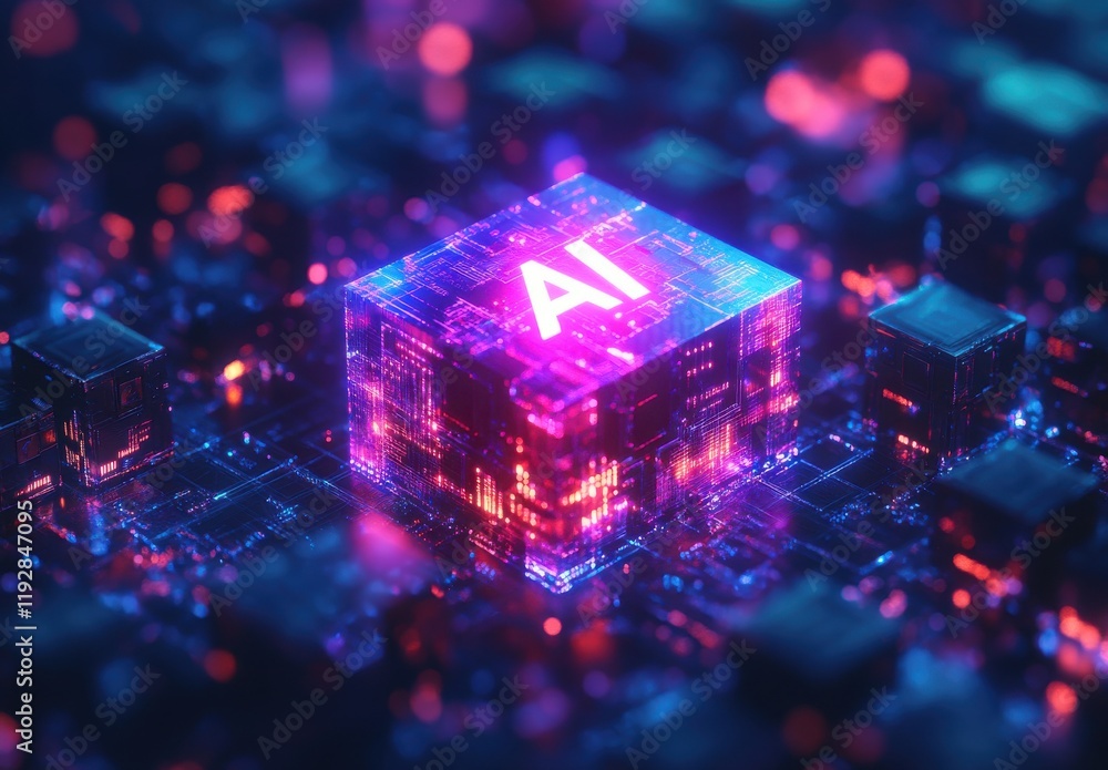 Poster abstract representation of artificial intelligence technology featuring a glowing cube with 