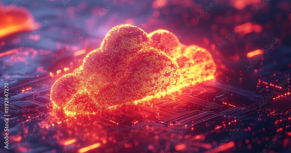 Poster abstract representation of digital cloud storage emerging from circuit board in fiery red and orange