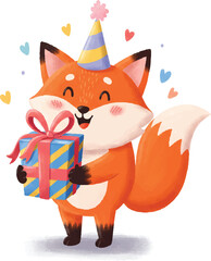 an orange fox animal clown vector carrying a birthday present