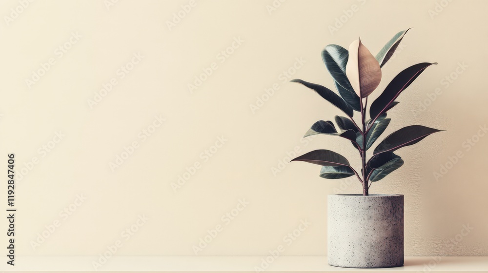 Poster Rubber Plant in a Concrete Pot Against a Beige Wall