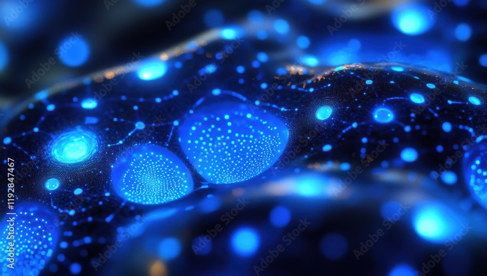 Poster abstract representation of glowing blue particles in a dark cosmic environment, illustrating the bea