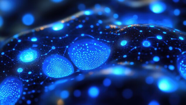 Abstract representation of glowing blue particles in a dark cosmic environment, illustrating the beauty of microcosmic elements in a vibrant and dynamic setting.