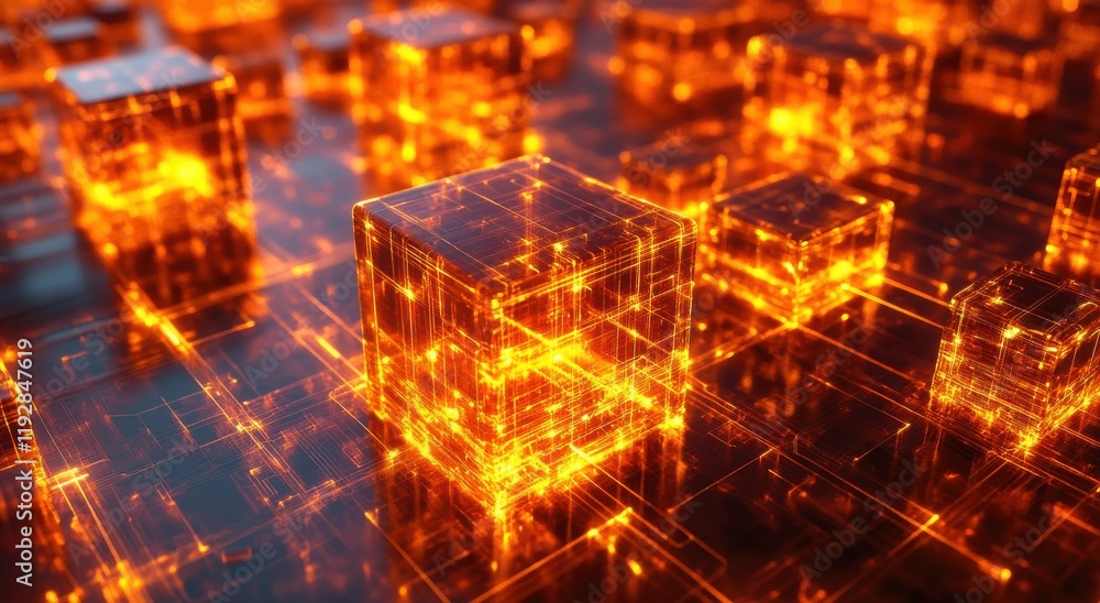 Poster abstract representation of glowing orange cubes in a futuristic digital environment depicting techno