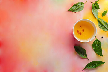 Top View of Tea Cup with Artistic Watercolor Background
