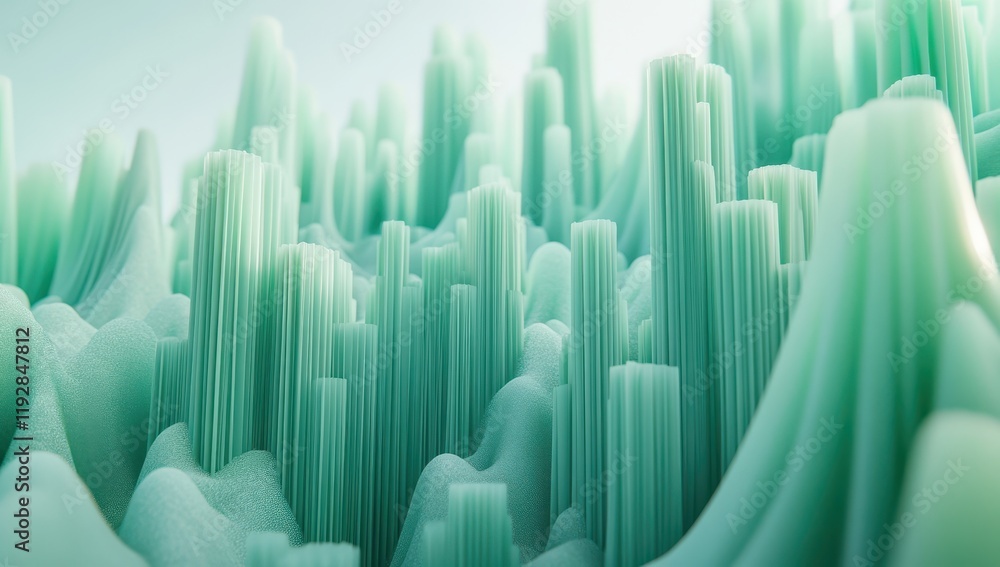 Poster abstract representation of greenish textured landscape featuring tall, smooth structures in varying 