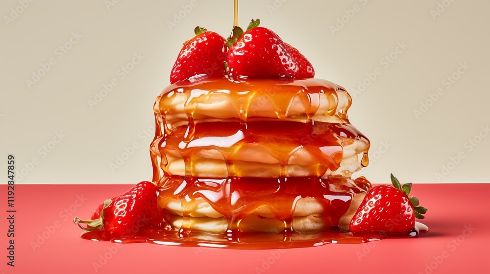 Poster stacked pancakes drizzled with syrup and topped with fresh strawberries. generative ai