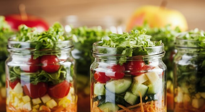 Colorful salad jars filled with fresh vegetables and greens