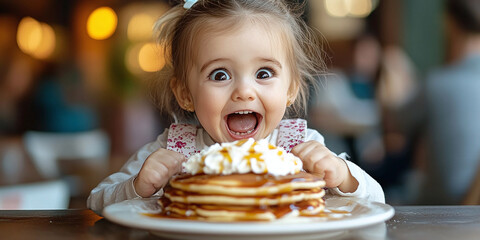 Excited toddler with wide eyes and a big smile, eagerly enjoying a plate of pancakes topped with whipped cream and syrup in a cozy, cheerful setting.