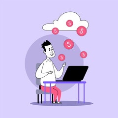 Happy businessman getting good profit vector illustration. Manager working on laptop, coins falling from cloud. Business and finance concept