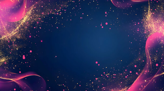 Abstract background in glossy cobalt with scattered glowing magenta particles and brushed gold metallic accents, vibrant and fresh