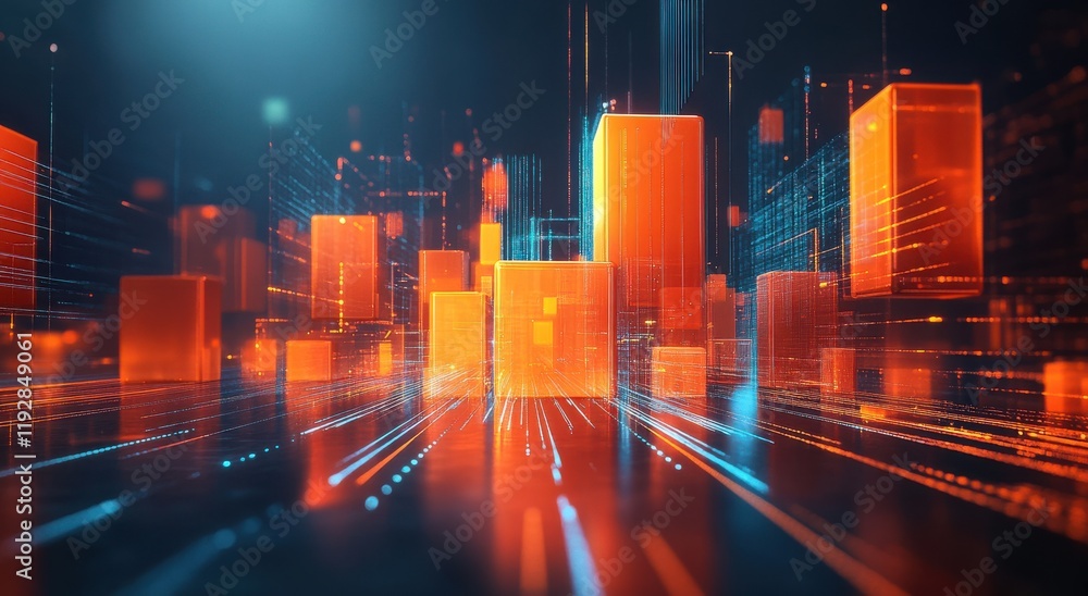 Poster abstract visualization of data flow with illuminated cubes and digital connection in a sci-fi enviro