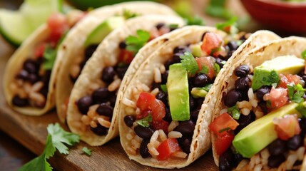 Close-up of rice and black bean taco with avocado and salsa in a soft tortilla shell, emphasizing bold and tasty flavors. Ideal for casual meals and Mexican cuisine.