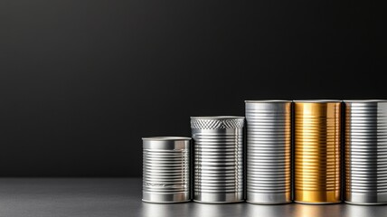 Assorted stacked metal cans of various sizes against dark background