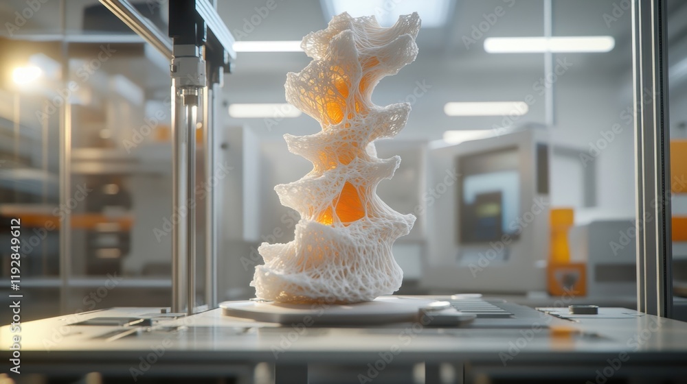 Poster modern 3d printer is creating a complex white and orange porous structure inside a laboratory, showc