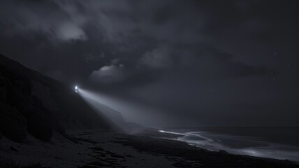 Fantasy landscape of a lonely man standing on the beach at night