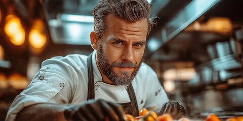 Chef Skillfully Cutting Fresh Vegetables on a Wooden Board, Highlighting Culinary Precision and Fresh Ingredients. Generative AI