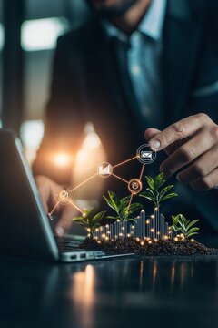 Businessman interacting with digital growth charts and plants in a modern office environment during the day. Generative AI