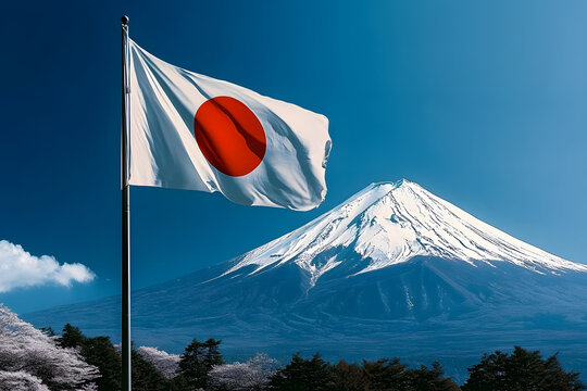 Japanese flag with Mount Fuji in the background