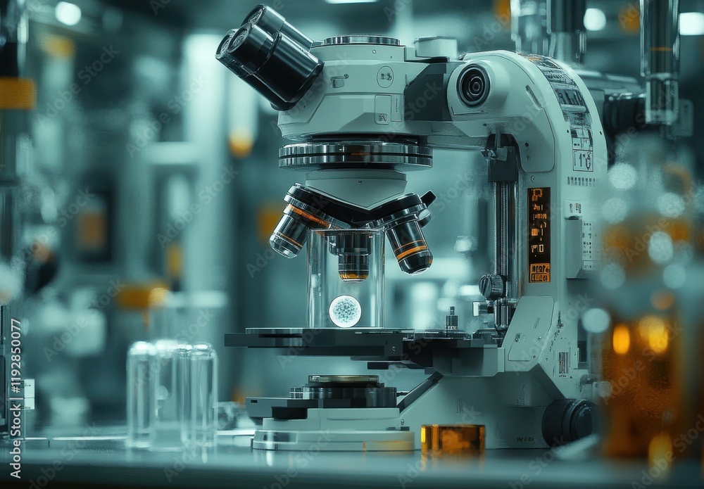 Poster advanced microscope in laboratory setting examining biological samples under bright illumination for