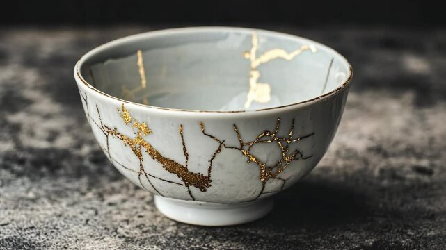 Beautifully cracked ceramic bowl showcasing kintsugi art on a textured surface in warm lighting