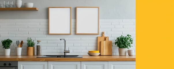 Modern Kitchen with Blank Frames and Plants