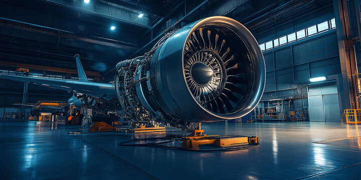 Massive jet engine in an industrial aircraft maintenance hangar, illuminated by artificial lighting, with visible engineering details and mechanical components.
