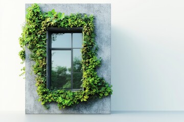 A modern window framed by lush green ivy, showcasing a blend of nature and architecture against a minimalist backdrop.