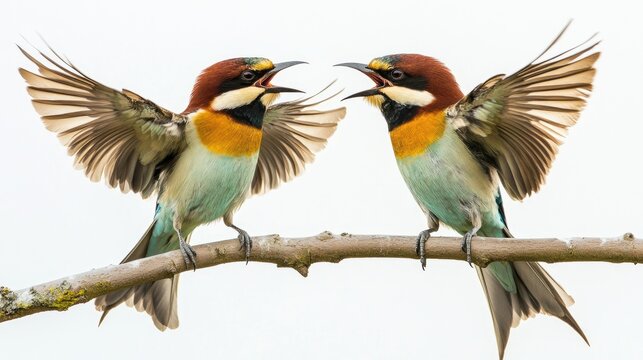 Two Colorful Birds Engaged in a Lively Interaction on a Branch in a Natural Setting