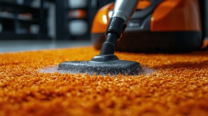 Close-up of a vacuum cleaner cleaning an orange carpet in a modern living room with blurred background