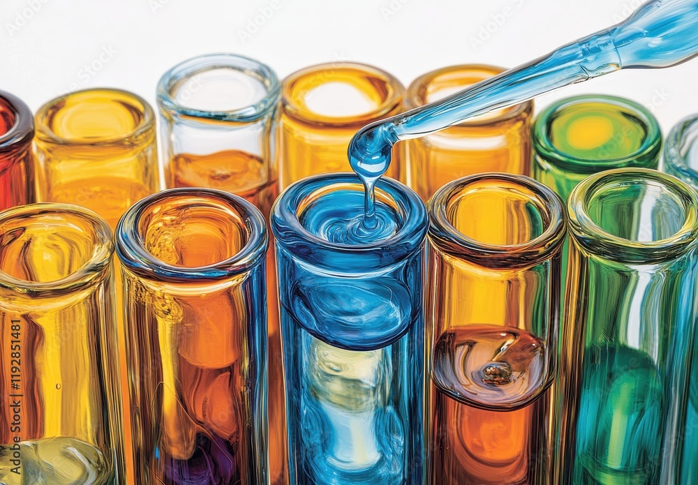 Poster brightly colored test tubes with pipette dropping liquid in laboratory setting for science and exper
