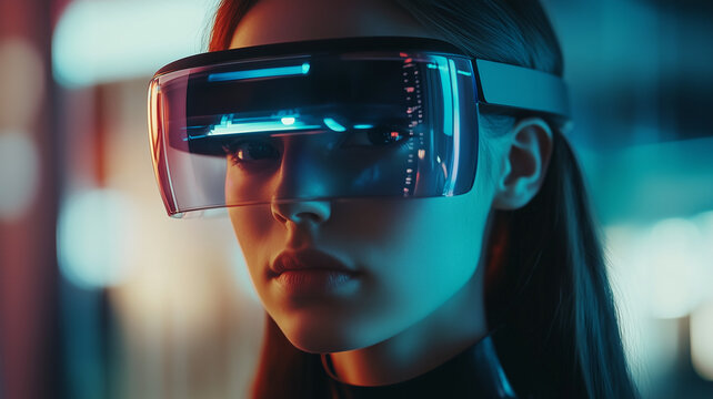 A young woman in virtual reality glasses exploring a digital world, representing the future of technology and human connection.  
