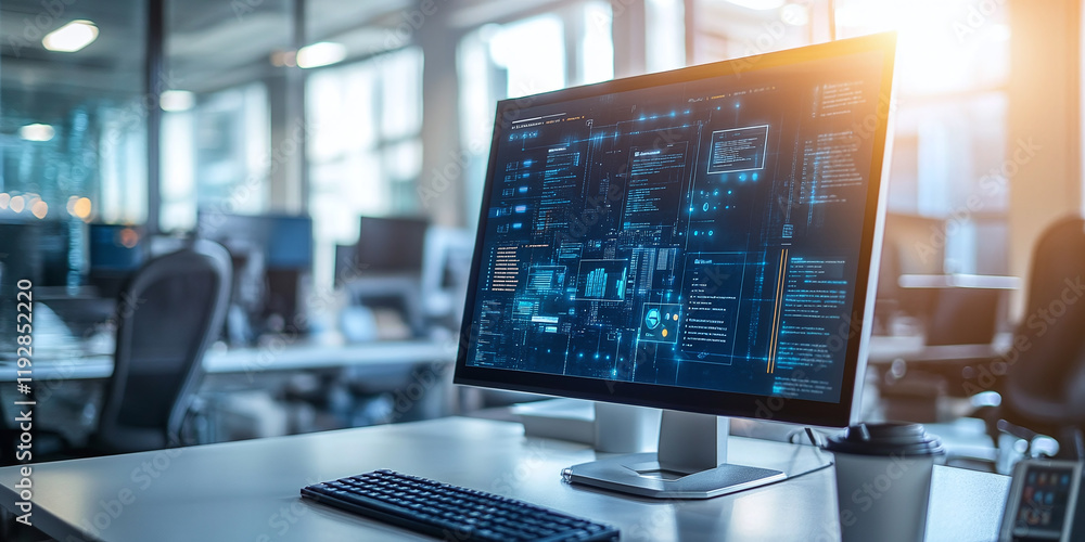 Poster modern computer monitor displaying cybersecurity data, digital analytics, and network information, s