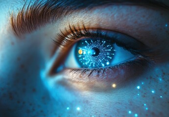 Close-Up of a Futuristic Eye with Digital Particles and Vibrant Colors Showcasing the Concept of Technology, Vision, and Innovation in a Stunning Way