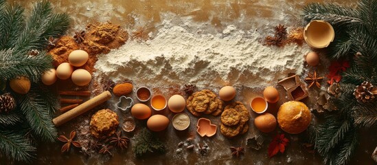 Festive baking ingredients, floury table, Christmas
