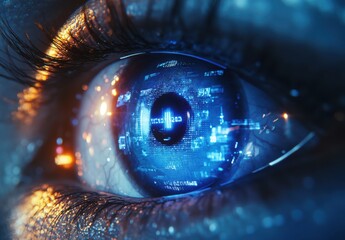 Close-up of a futuristic human eye showcasing digital data, technology integration, and vibrant blue hues with a sharp focus on the cornea reflecting information